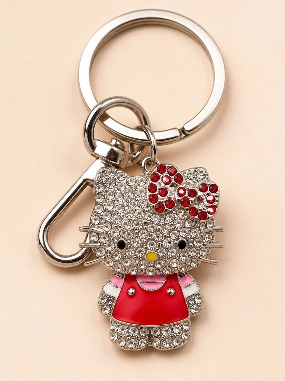 Rhinestone Cat Charm Keychain with Red Bow and Pink Dress
